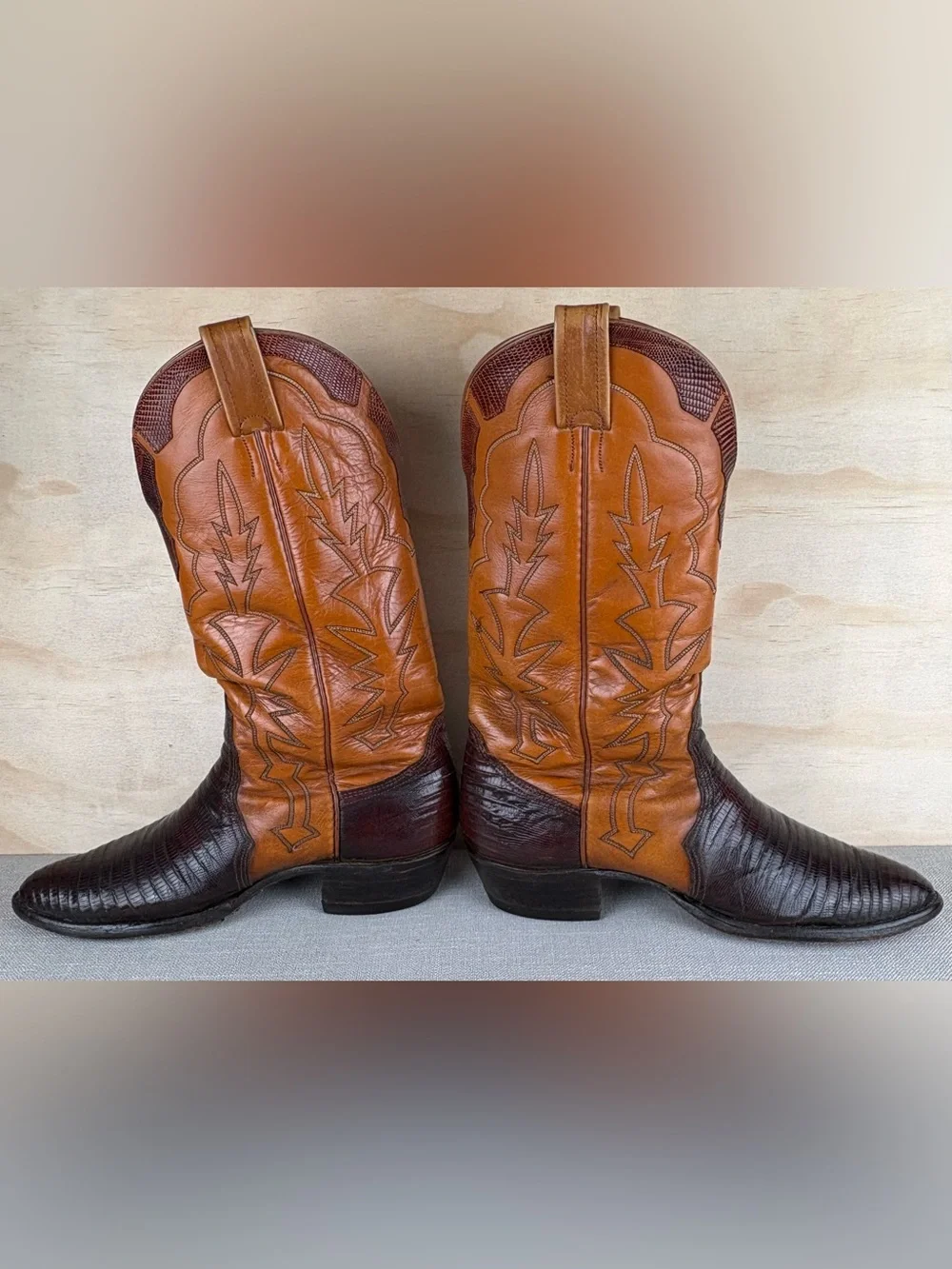 Nocona Cowboy Boots Lizard Leather Men’s Size 10 Dark Brown Light Tan